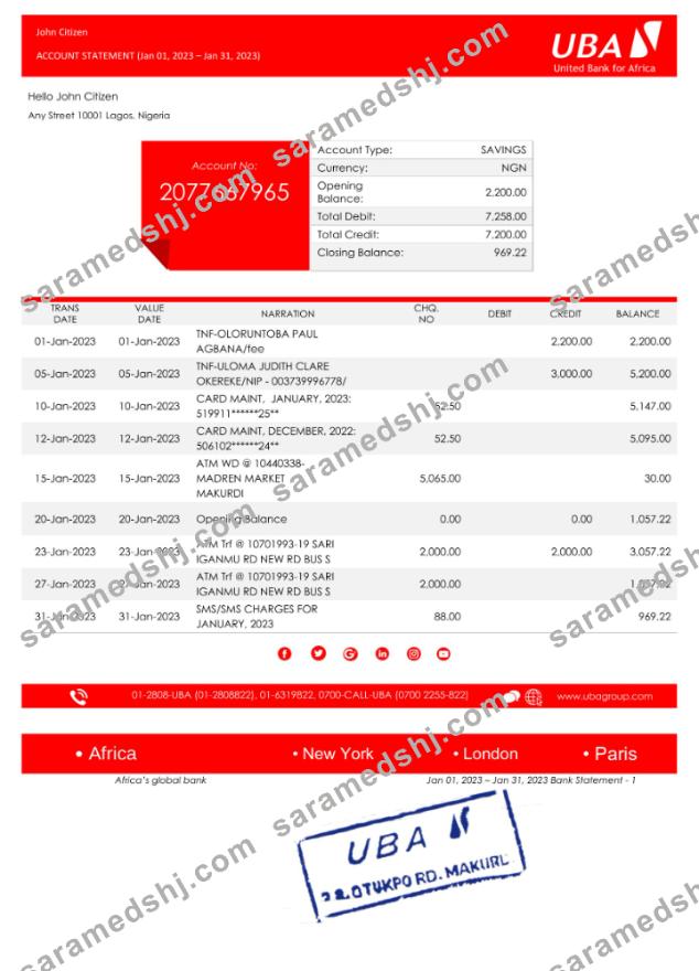 Nigeria UBA bank statement Word and PDF template, version 2